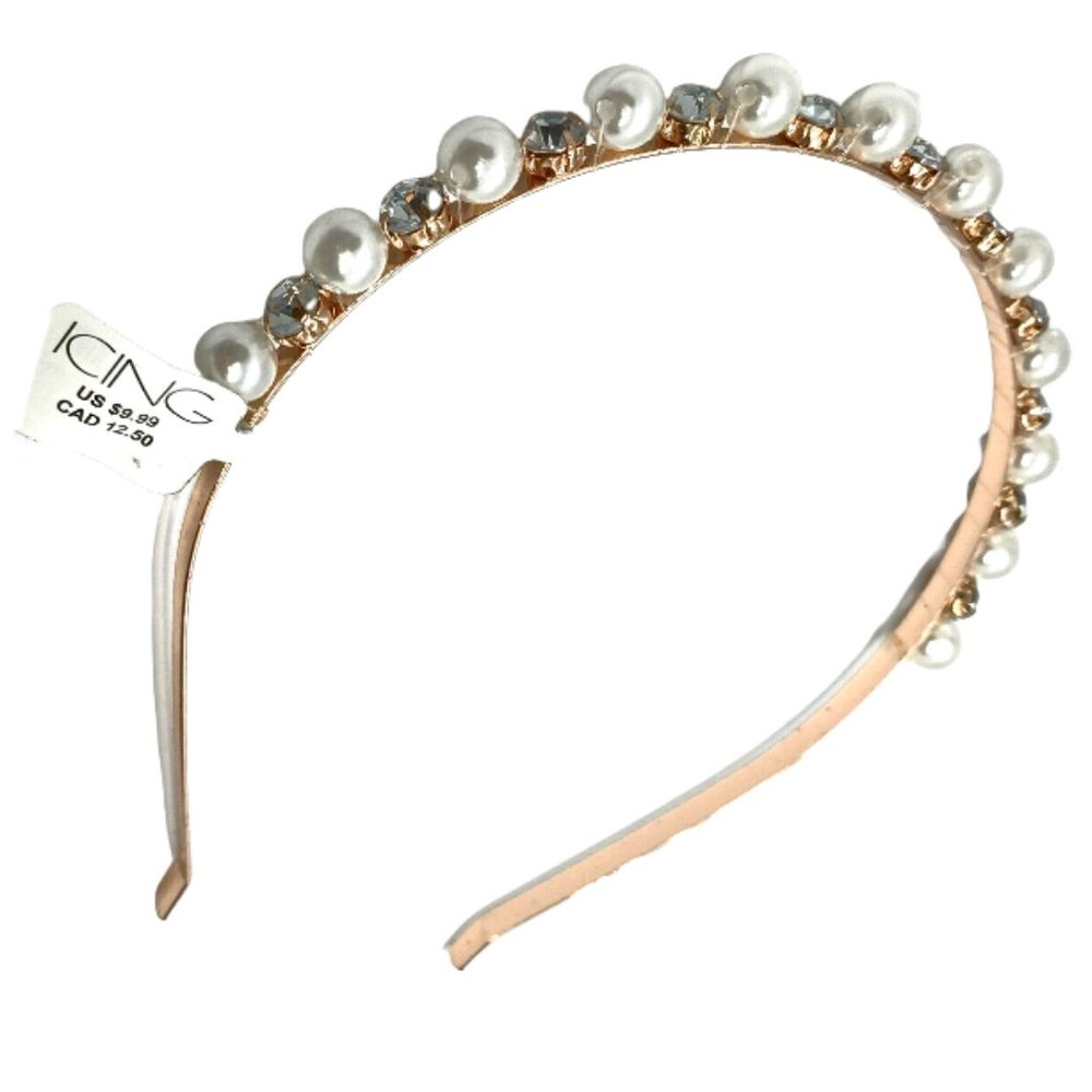 Metal Headband with Pearls Rhinestones Rose Gold